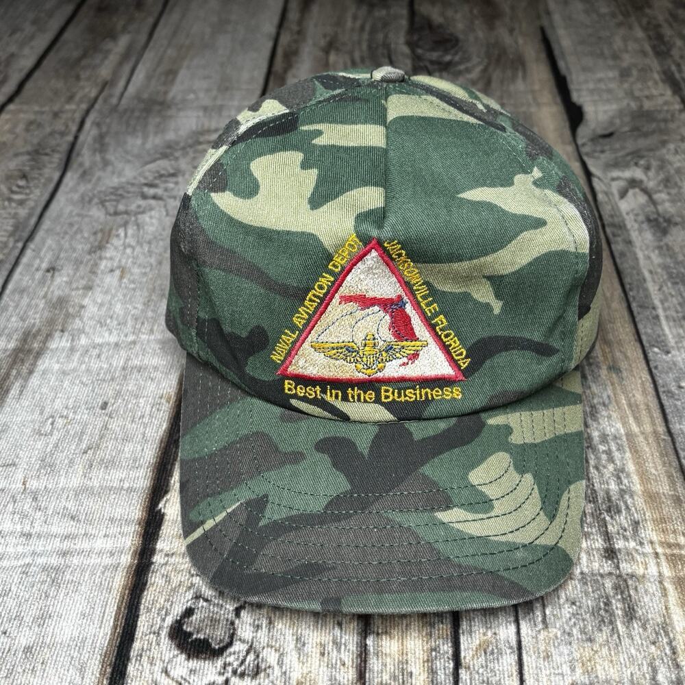 Vintage Naval Aviation Depot Jacksonville FL Camo Snapback Hat AADCO USA 80s 90s